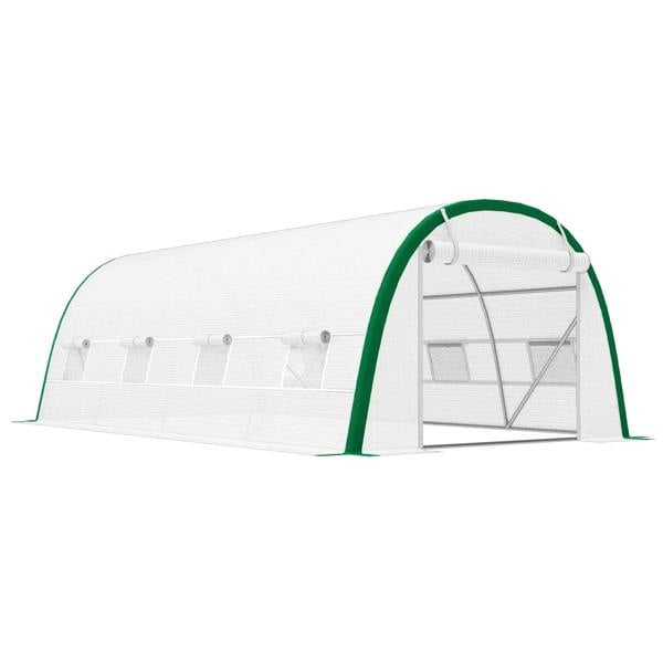 White PE polytunnel greenhouse tent with green arched frame and open front panel