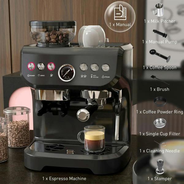 Black espresso machine kit with milk pitcher, filters, tools, and tamper