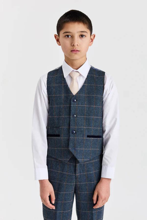 Paul Andrew Harris - Boys Navy 3 Piece Wool Blend Tweed Suit