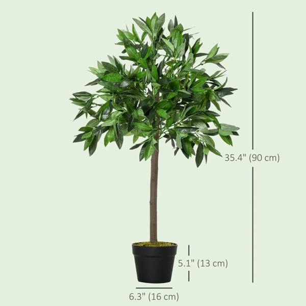 Artificial bay laurel topiary tree with green leaves on brown trunk, in black pot