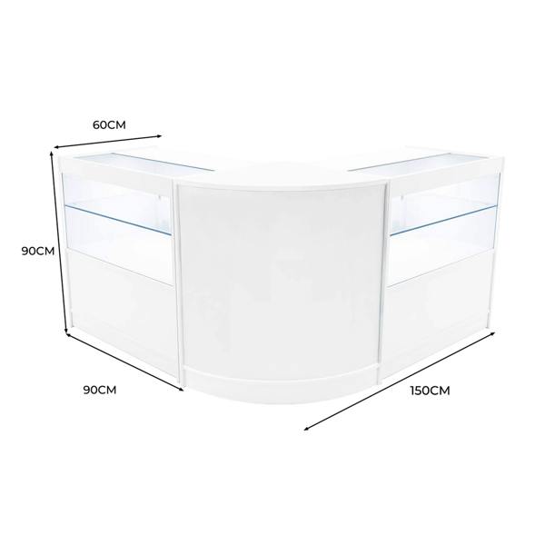 Curved white LED shop counter set with glass display shelves, measuring 60cm x 150cm, ideal for retail environments