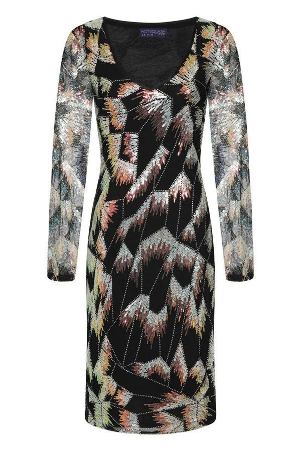 HotSquash Blouson Sleeve V Neck Sequin Dress