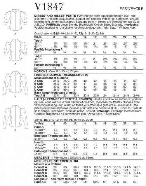 Vogue Sewing Pattern 1847, Tops for Women, B5 (8-10-12-14-16) - Easy