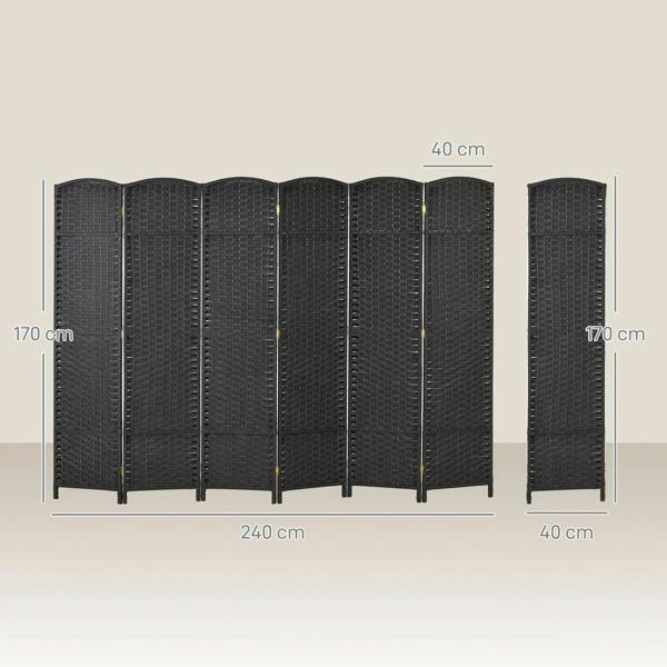 Black 6-panel folding room divider with labeled dimensions, arched top and side panels