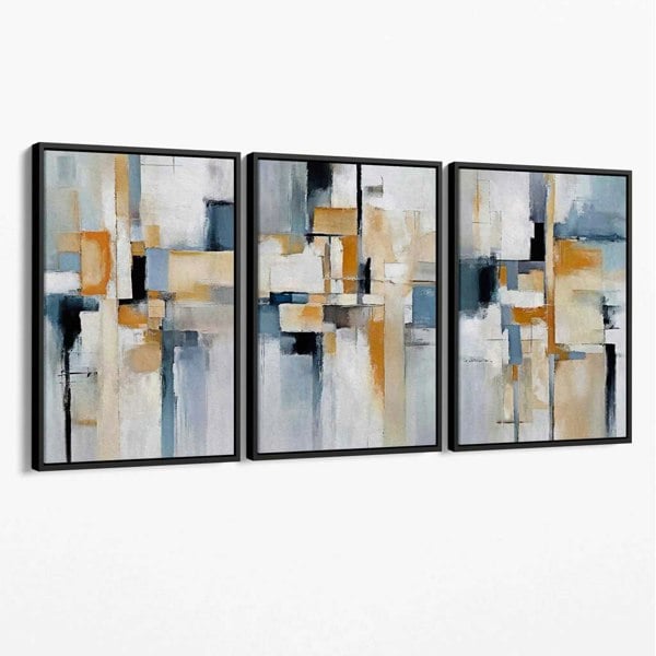 Artze Wall Art Abstract Blue and Orange on Beige Set of 3 Canvas Wall Art