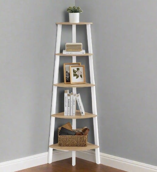 Modcraft 5-Tier Corner Shelf Unit, Oak & White Ladder Shelf for Living Room or Bedroom