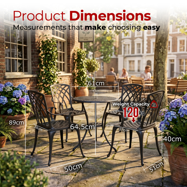Centurion Supports OSHOWA Garden and Patio Table and 4 Large Chairs with Armrests Cast Aluminium Bistro Set - Black