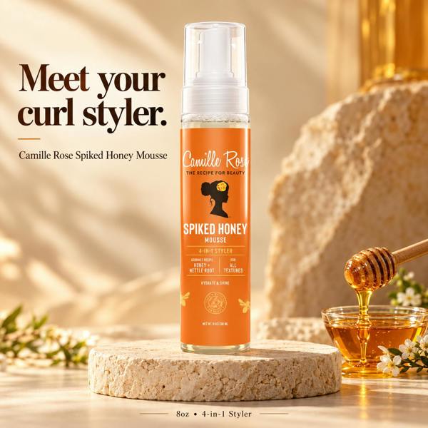 Camille Rose Spiked Honey Mousse in an 8 oz 4-in-1 curl stylist bottle, displayed on a stone pedestal with honey, a honey dipper, and white flowers in a warm, golden studio setting.
