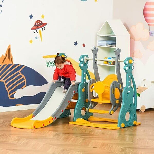 HOMCOM 3 in 1 Kids Swing and Slide Set Activity Centre with Basketball Hoop - 331-015