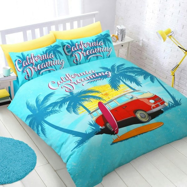 Velosso California Dreaming Printed Cotton Blend Blue Duvet Cover and Pillowcase Set