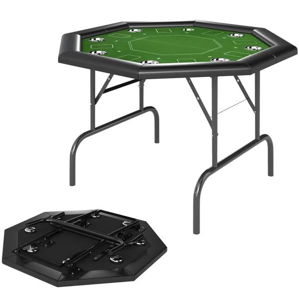 Foldable octagon poker table with green felt playing surface, black padded edge, foldable legs