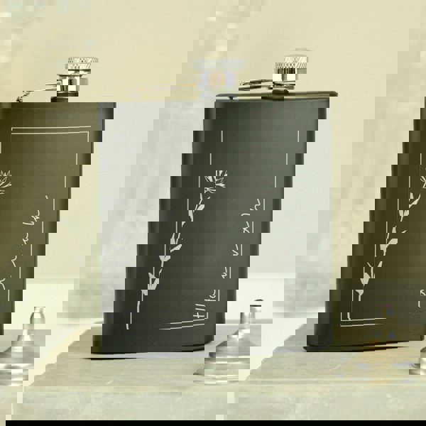 Personalised Memento Company Personalised Monochrome Floral Name Black Hip Flask