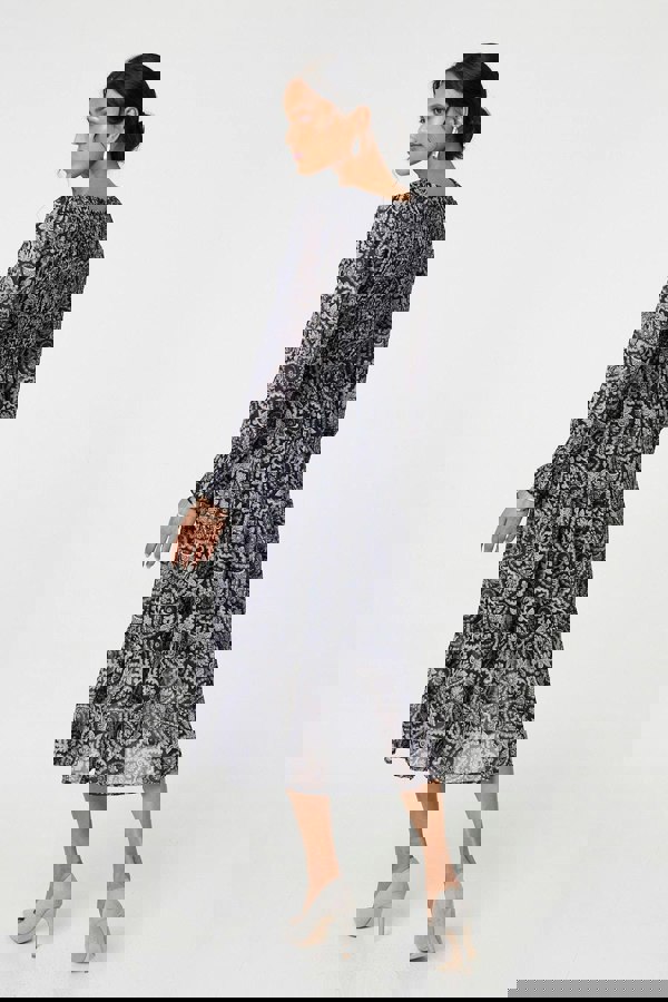 Black | Paisley Long Puff Sleeve Midi Smock Dress
