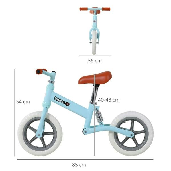 Light blue kids balance bike with orange grips, brown seat, and white EVA wheels (side view)