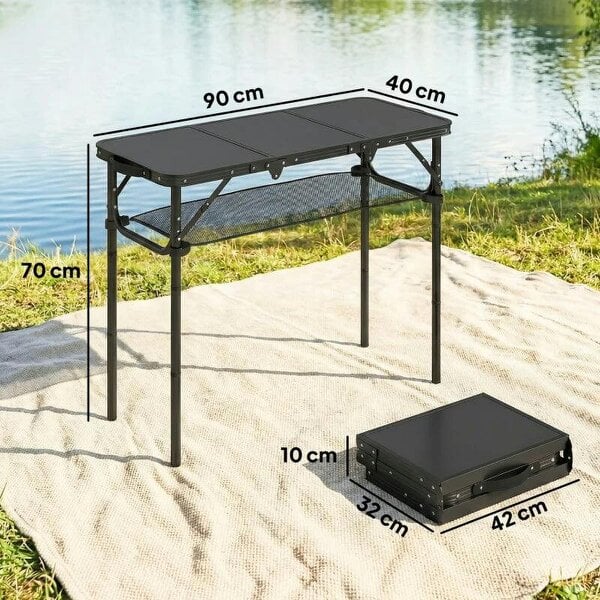 3ft Folding Camping Table, Picnic Table with Mesh Storage Layer, Carrying Bag and Metal Frame, Black