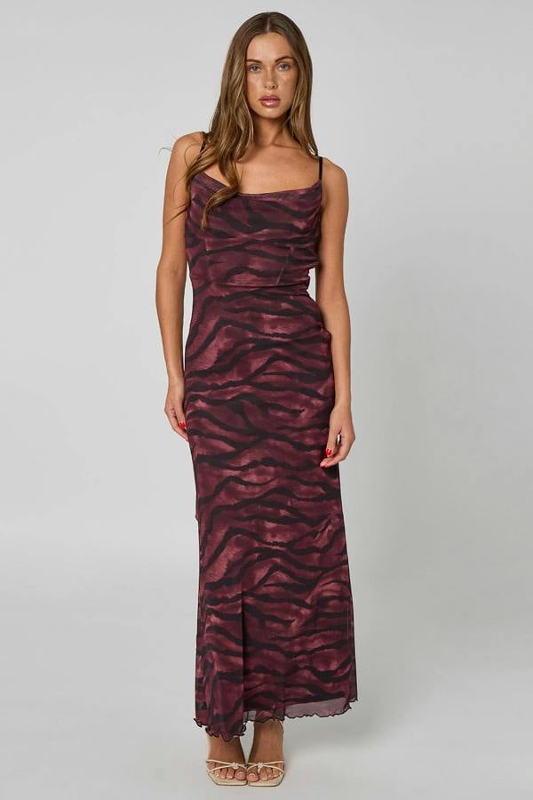 Urban Bliss Zebra Cowl Corset Maxi Dress with Ruffles