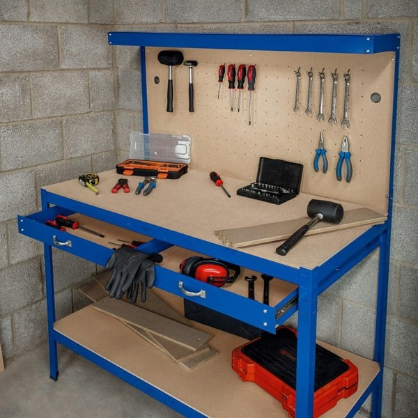 Monster Racking Workbench with Pegboard, Drawer & Light – Blue