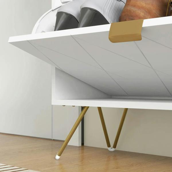 White shoe cabinet open top compartment with gold handle and gold-tone tapered legs