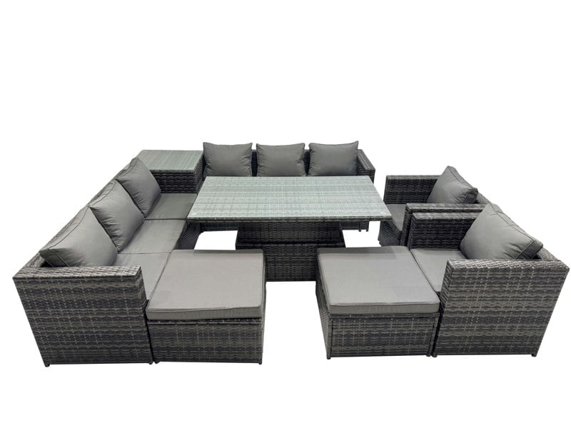 Fimous 10 Seater Outdoor Corner Sofa Height Adjustable Rising Lifting Table Set Garden Rattan Furniture Set with Side Table 2 Big Stool Dark Grey