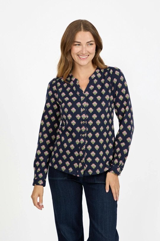 Mudflower Leaf Print Cotton Shirt - Navy