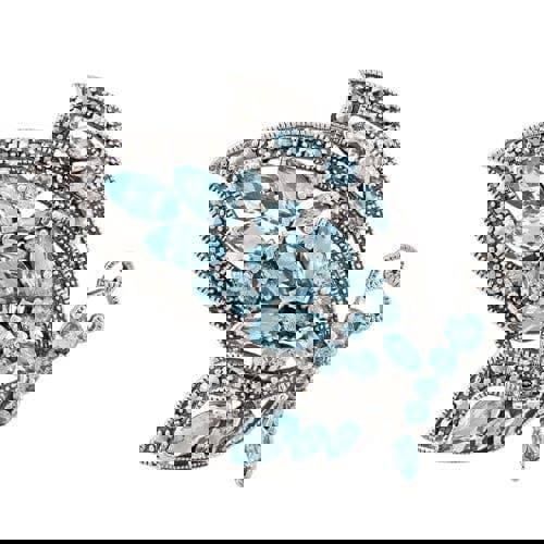 Art Nouveau Style Marquise Blue Topaz & Marcasite Flying Butterfly Brooch in 925 Sterling Silver - Gemondo