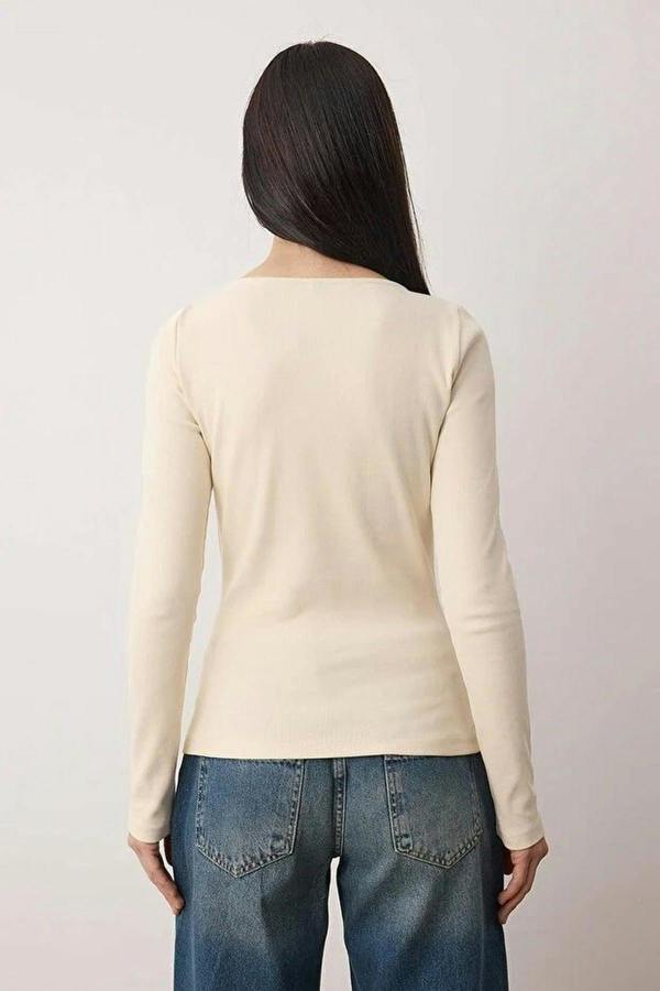 WOVCOR Buttoned Crew Neck Ribbed Flexible Knit Blouse
