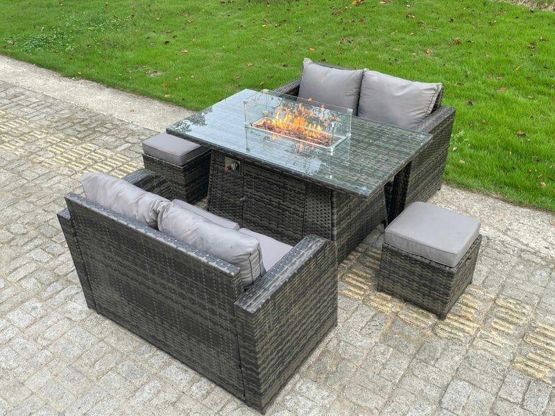 Fimous Rattan Outdoor Furniture Gas Fire Pit Rectangle Dining Table Gas Heater Love Sofa Small Footstools Sets 6 Seater