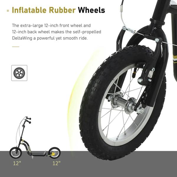 Front wheel of a black kids stunt scooter with thick rubber tire and metal disc brake.