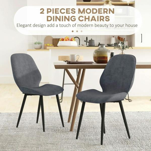 Set of 2 grey velvet dining chairs with curved backs and black metal legs