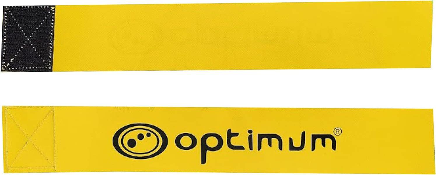 Two yellow Optimum tag rugby flags laid flat with black logo and velcro ends, on white background