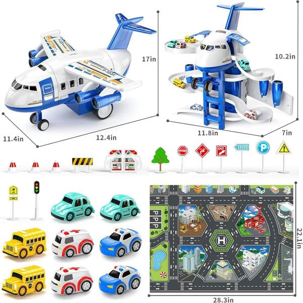Dyzi Kids Aeroplane Race Track Toy with 8 Cars Sounds Lights and Play Mat