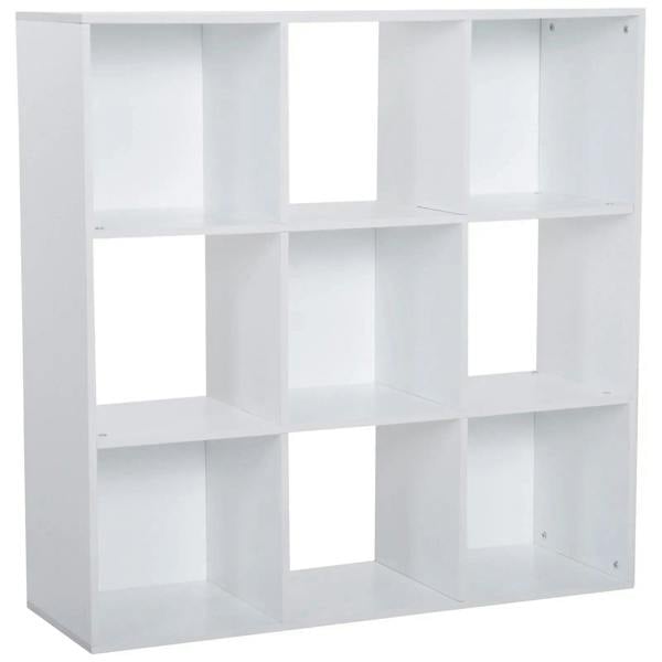 White 9-cube storage unit with open square shelves and partitioned compartments