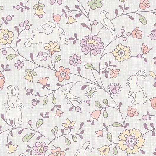 Grandeco Liberty Floral Bunny Trail Nursery Textured Wallpaper Lilac