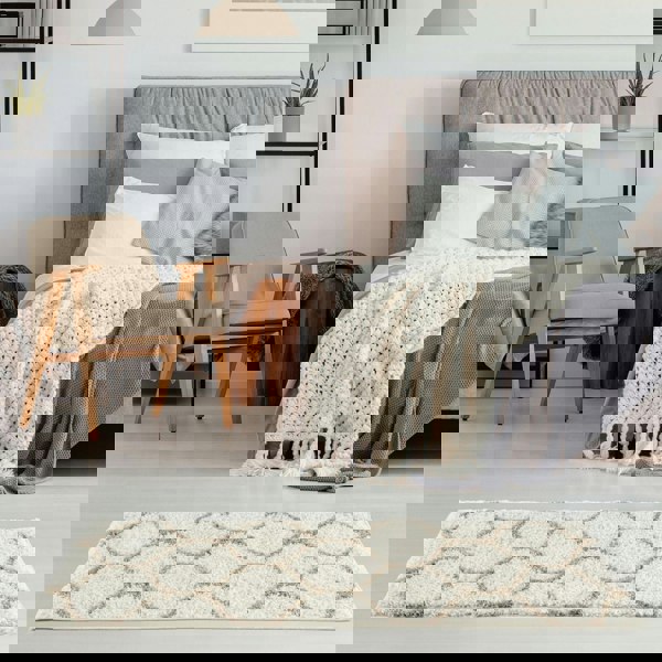 Trellis Design Thick Shaggy Area Rugs Ivory Beige