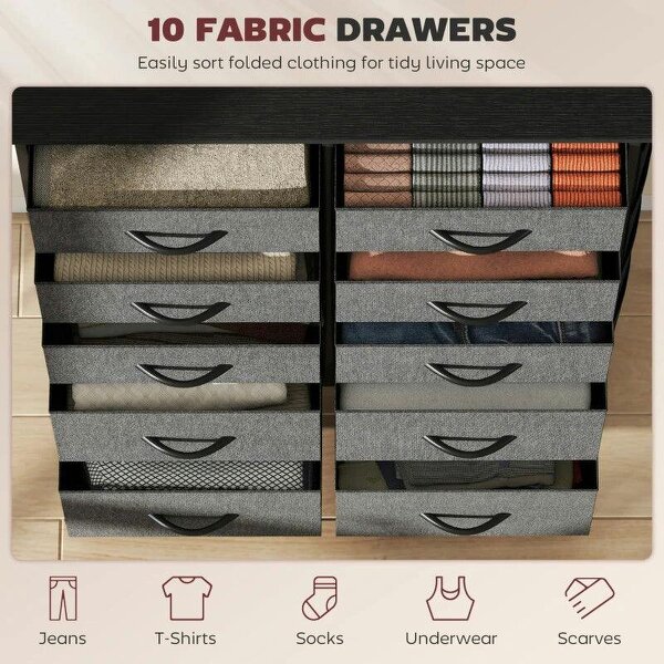 Chest of Drawers, Dresser with 10 Fabric Drawers, Tall Storage Unit with 4 Pockets and 2 Hooks Steel Frame, Grey
