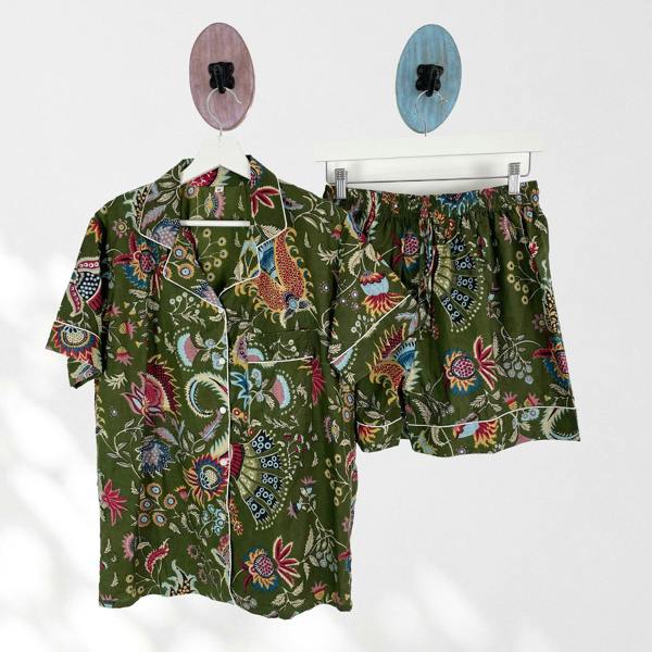 Hayley & Co Green Block Print Floral 100% Cotton Short Pyjama Set