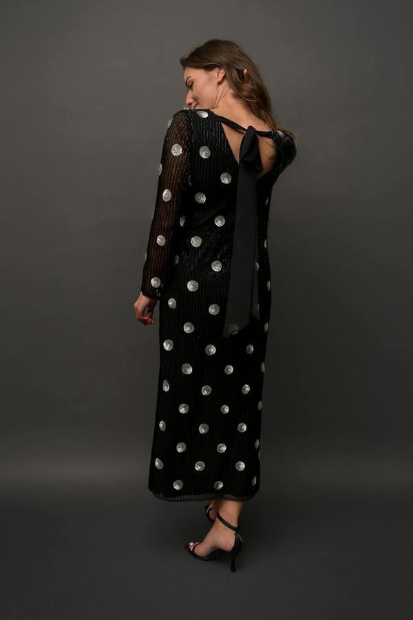 Rose & Nancy Merrin Black Polka Dot Hand Beaded Midi Dress