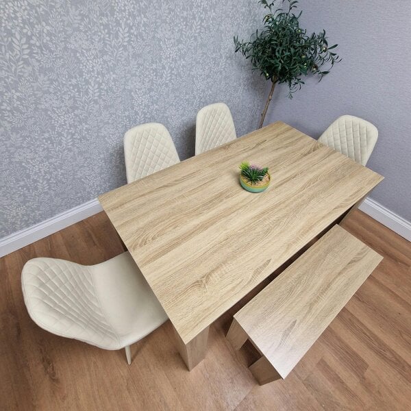 Kosy Koala Modern Oak Effect Dining Table Set With 4 Cream Plastic Chairs And Bench Dining Room Furniture