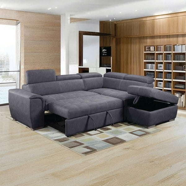 Furnishings For Less Nevada Grey Suede Corner Sofa Bed Tilting Headrest + Storage Ottoman