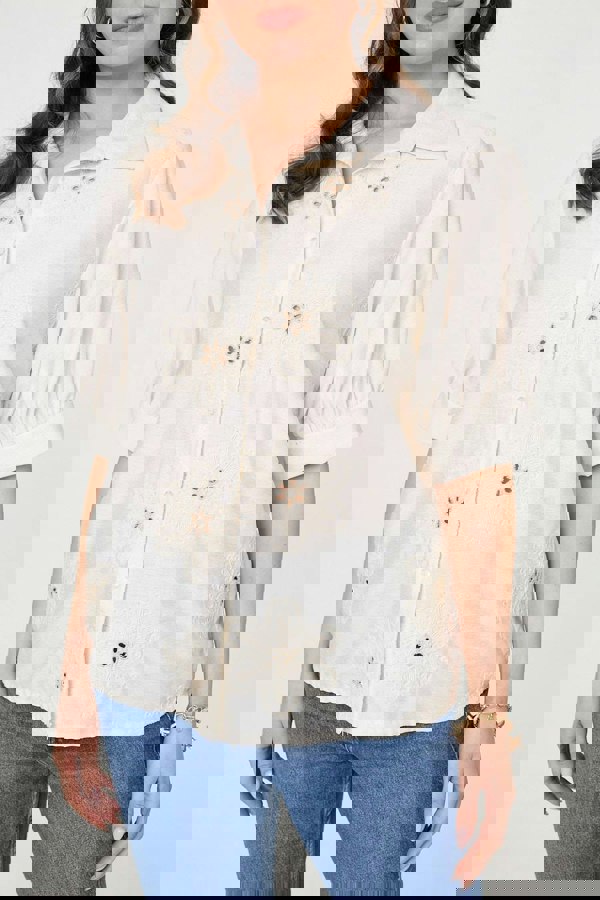 Cream | Floral Embroidered Puff Sleeve Blouse
