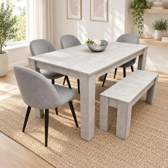 Kosy Koala Light Stone Grey Effect Dining Table Set with 4 Grey Velvet Chairs & Bench, 140x80x75cm