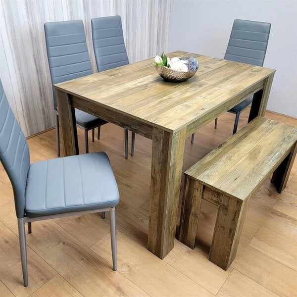 Kosy Koala Wooden Dining Table Set for 6 Rustic Effect Table With 4 Grey Leather Chairs and 1 Bench