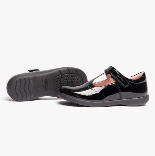 GEOX NAIMARA G B Girls Leather Touch Fasten School Shoes Patent Black