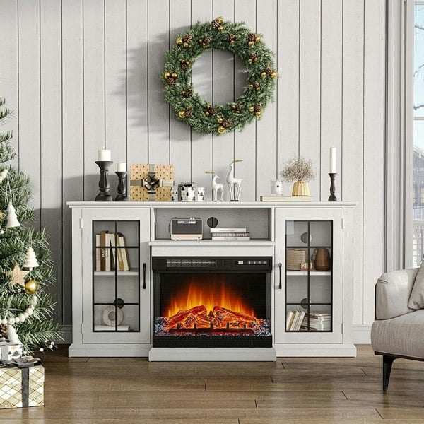 Electric Fireplace TV Stand with Glass Door Closed Storage 3 Flame Colours Freestanding Fireplaces Living and Home