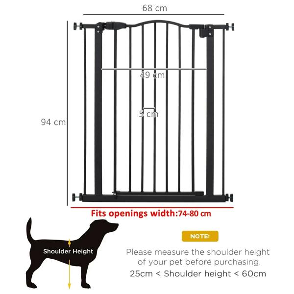 Black pressure-fit dog gate with width and height measurement lines