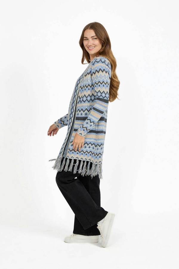 Mudflower Aztec Print Bordered Fringed Longline Cardigan