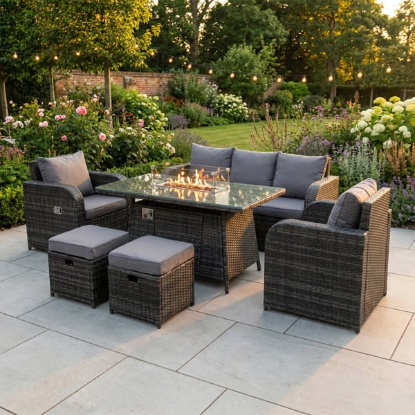 Fimous 7 Seater Rattan Garden Furniture Set with Gas Fire Pit Table, Sofa, 2 Chairs & 2 Footstools - Dark Grey Mixed