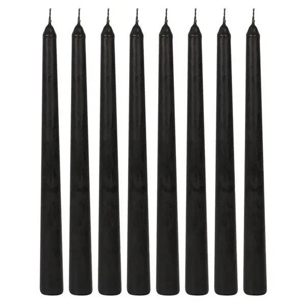 Set of eight black taper candles with straight wicks, unlit