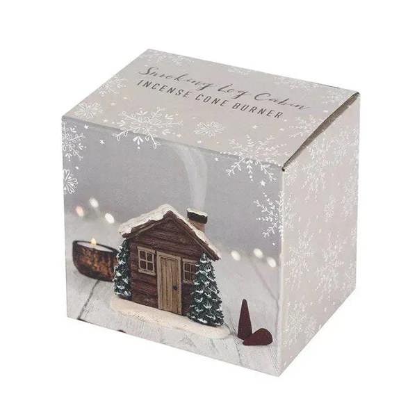 Log cabin incense cone burner gift box with illustrated cabin and incense cone