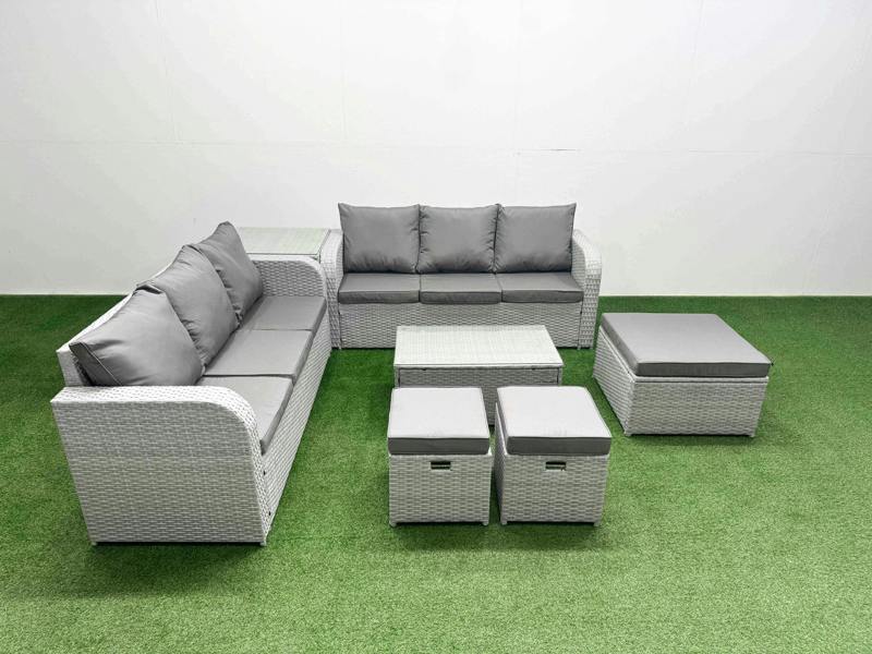 Fimous 9 Seater Wicker Patio Set, Rattan, Coffee Table, High Back Lounge Sofa, 3 Stools and Side Table, Light Grey